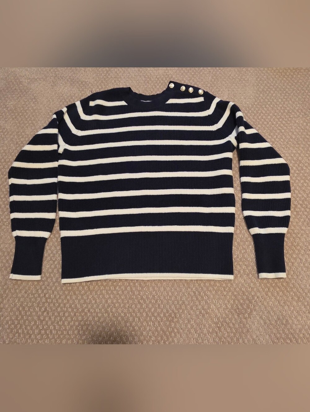 LOFT Navy and White Striped Crew Sweater